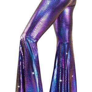 Holographic Croc-Print Flared Pants in Iridescent Purple-Blue